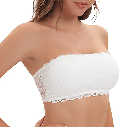 Cavotor Lace Strapless Bra for Women Wireless Bandeau Bra Seamless Padded Bralette Tube Top Sexy Stretchy Comfortable Bras with Clear Invisible Straps (White,XS)