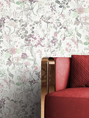 Newroom Design Tapete Weiß Vliestapete Blumen - Blumentapete Floral Grün Rosa Blätter Zweige Romantisch inkl. Tapezier-Ratgeber