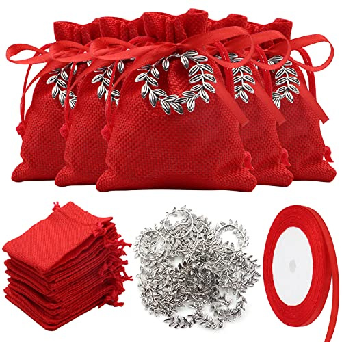 VEGCOO 26 Pezzi Bomboniera Laurea Corona Alloro, Sacchetti Portaconfetti Laurea Bomboniera Laurea Corona d'Alloro con Nastro Rosso, per Confetti Bomboniere Decorazione Laurea Cerimonia