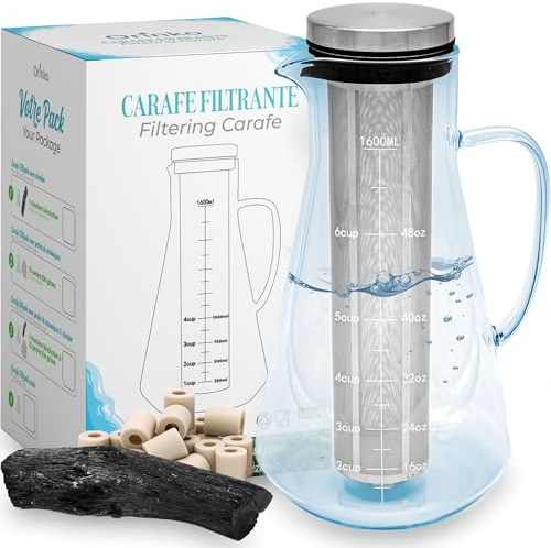 ORINKO® Caraffa Filtrante 1,6L in Vetro con Carbone Attivo x1 e Perle Ceramica EM x15 - Kit Filtro Acqua con Filtro Inox - Acqua Pura, Gusto Neutro e Cucina Sostenibile Zero Plastica