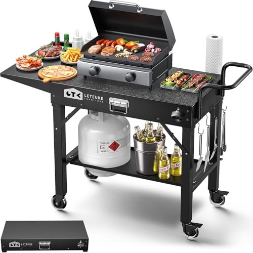Leteuke Grillvagn för Blackstone-stekbord, utomhus grillbord med hjul, vikbart ninja-grillstativ, bärbart matbord för utomhus trädgård uteplats, grill matförberedelsebord vagn med låda, hållare,