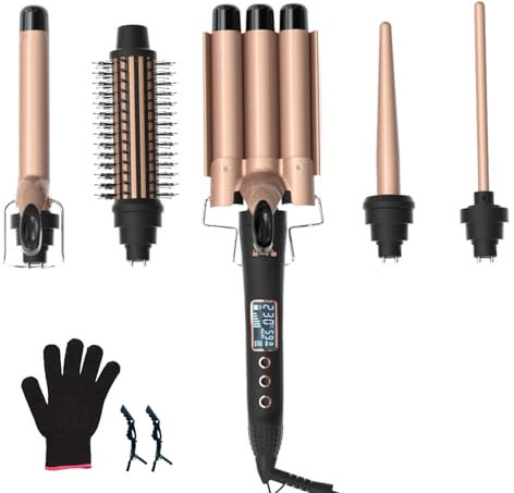 5 In 1 Lockenstab Set 3 Fässer Lockenstab Große Locken Lockenstäbe Glättungsbürste Welleneisen Für Haare, Temperatur Einstellbar LCD Temperaturanzeige Haarstyling Tool Mit Handschuhen Und Clips