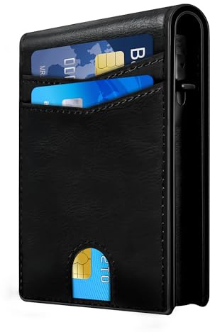 QLD Wallet for Men - RFID Blocking [Functional & Practical] Bifold Slim Minimalist Credit Card Holder Pop Up Metal Case with Cash Slot, Front Pocket with ID Window, Gift Boxed (BLACK)