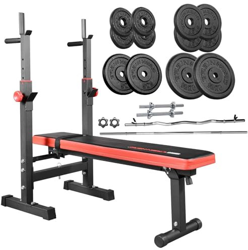 Train Hard® klappbare Hantelbank mit Gusseisen Gewichten, mit höhenverstellbarem Hantelständer und robuster Langhantel, Inkl. 34/48/60 kg Hanteln Set (D:mit 60 kg Lang-, Kurz- & Curlhantel)