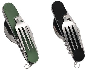 FUZVOL Folding Camping Cutlery Set Stainless Steel Portable Utensil 6 in 1 Multitool Outdoor Tableware for Travel, Hiking, Picnic (2 Pack), Black+Green