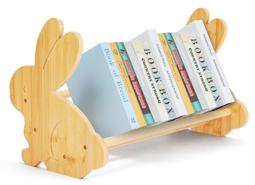 SHILIPAIJC Small Desktop Childrens Bookcase, Bamboo Kids Bookshelf Storage Display Rack, Countertop Book Organiser Book Storage Bookend for Children's Room Home School Dorm (Bunny)