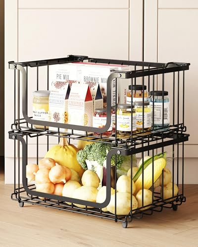 UMDONX 2 Pack Large Stackable Storage Baskets Wire Vegtable Rack, Fruit Food Organiser for Kitchen Pantry Freezer Cupboard, 15.5 with Foldable Handle (Durable Metal Black Load 60LB)