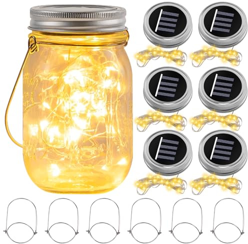 Paquete de 6 luces solares para exteriores, 30 lámparas LED blancas cálidas con alambre plateado, luz solar para tapa de tarro de hadas, luz solar original de vidrio para jardín, árbol, decoración de