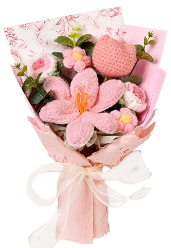 Wishwell Pop Crochet Flowers Bouquet - Crochet Tulips Roses Daisies Knitted Flowers for Mother's Day Anniversary Wedding Birthday Gifts Home Décor PinK