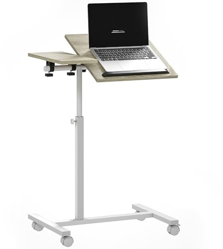 HOMCOM Mesa Auxiliar con Ruedas Mesa para Sofá con Altura Ajustable Superficie Inclinable y Marco de Metal para Dormitorio Salón Oficina 57x40x67,5-101 cm Roble y Blanco