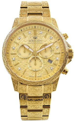 LOUIS XVI Palais Royale 2.0 1801 - Montre pour homme - Étanche - Plaqué or - Cadran doré avec diamants - Mouvement à quartz suisse - Diamètre 43 mm