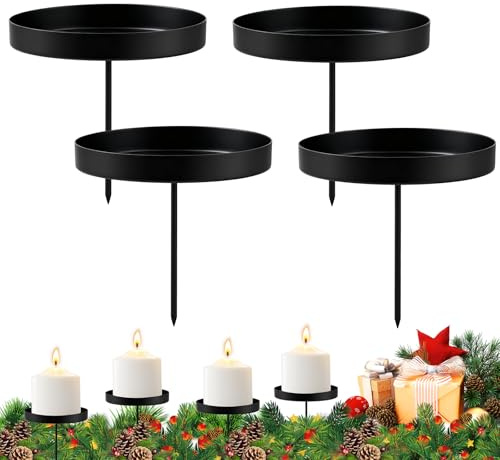 4 portacandele in metallo nero, 8 cm, rotondi, senza spina, corona dell'Avvento, per candele a pilastro, decorazione natalizia, per ghirlanda, tavolo e soggiorno