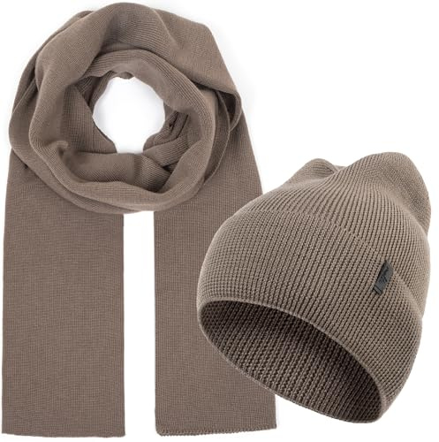 molti Dammössa och halsduk set – 100 % merinoull, OEKO-TEX Standard 100 | Beanie och stickhalsduk, värmeisolerande, ventilerande och allergivänliga | Storlekar: Mössa 55–60 cm, halsduk, 204 x 24 cm