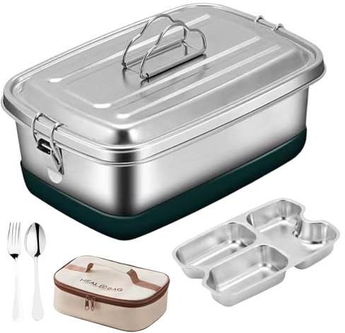 TOATELU Contenitore per il pranzo in acciaio inox, 2000 ml, a prova di perdite, con scomparti, in metallo, senza BPA, con borsa termica, per adulti e bambini, lavabile in lavastoviglie