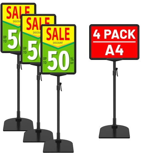 VAIIGO Confezione da 4 supporti per cartelli A4, supporto regolabile per poster da tavolo e pavimento, supporto per cartelli da pavimento, supporti per segnaletica in metallo per affari, fiere, negozi