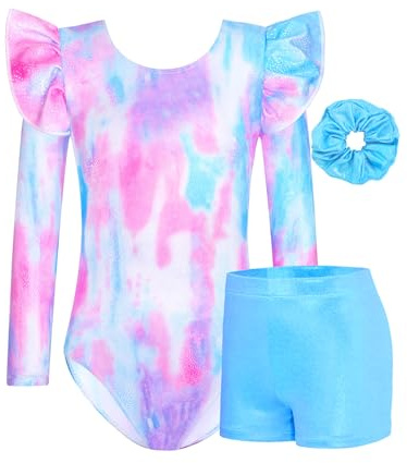 Jinhiteam Leotards for Girls Gymnastics Size 6-7 Years Old Long Sleeve Pink Purple Blue Graffiti Outfit 3 Piece Bodysuits Sets