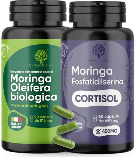 LOW CORTISOL – Fosfatidilserina 450 mg + Moringa Oleifera BIO | Para bajar el cortisol, vientre por estrés | Suplemento para memoria y concentración | 150 Cápsulas Vegetales Made in Italy | RedMoringa