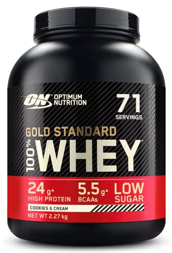 Optimum Nutrition Gold Standard 100% Molkenproteinpulver für Muskelaufbau und -regeneration mit natürlich vorkommendem Glutamin und BCAA-Aminosäuren, Cookies & Cream, 71 Portionen, 2,27 kg