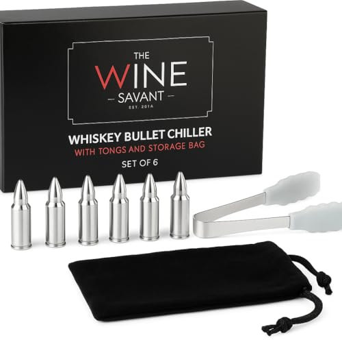Bullet Whiskey Chillers Stones - Whiskey Rocks by The Wine Savant Set of 6 - Stainless Steel Bullet Shaped Ice Cubes, Gift Box Come, Tongs and Storage Bag, Whiskey or Scotch Rocks (Silver)