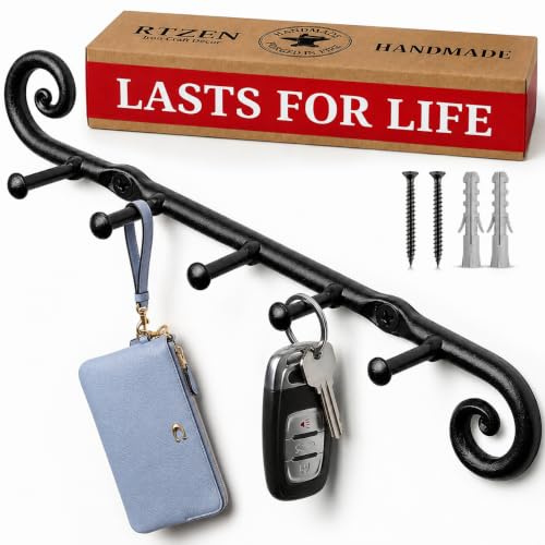 RTZEN Farmhouse Small Key Holder for Wall - Handcrafted Swirl Decorative 5 Key Hooks for Home Entryway - Wrought Iron Wall Mount Rack Purse Coat and Leash Holder or Organizer (Classic Black)