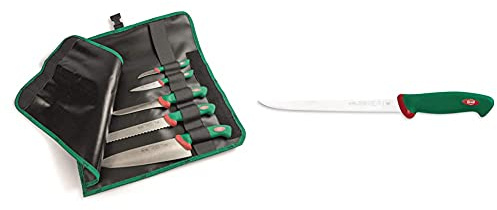 Sanelli Set 5 coltelli Premana Professional Rotolo Cuoco, Cordura, Nero/Verde & Coltello da Filettare Pesce, Acciaio Inossidabile, Verde/Rosso, 22 cm