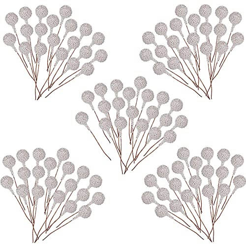 100 Pcs Christmas Holly Berries Artificial Frosted Silver Holly Berries,Christmas Berries Silver Berry Stems for Wreath Decorations Craft Christmas,Xmas Tree,Garland DIY Craft Party Decor Wire Berries