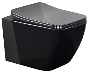 Inodoro suspendido CUBE Easy Clean Rimless/Rimfree (sin borde) incl. asiento de inodoro con mecanismo de cierre suave + extraíble en NEGRO