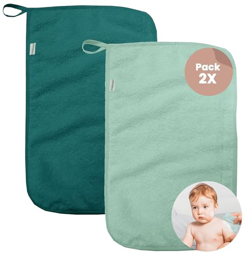 MIMUSELINA Pack 2X Mini Toallas Bebé | Toallas Guarderia con Colgador | Toalla Pequeña Infantil | Rizo algodón Absorbente gramaje 450 gr. 4,5cm | Turquesa/Menta