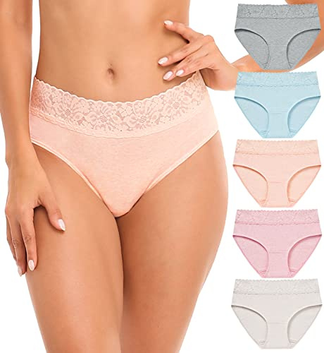 Wealurre Confezione da 5 mutande da donna, in cotone, con pizzo, biancheria intima per donne, slip da donna, Colore chiaro., S