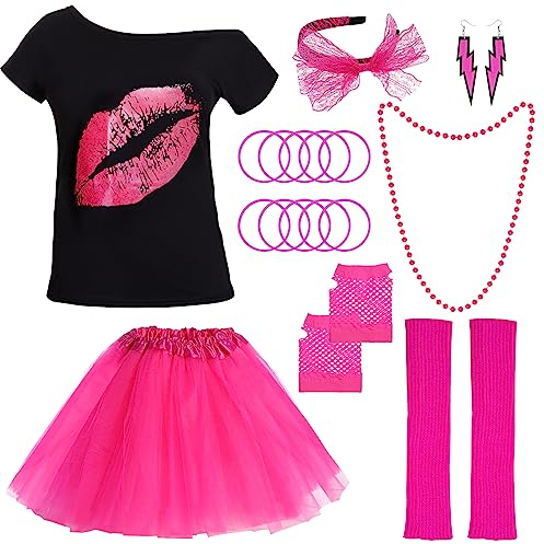 baotongle 80er Jahre Damen Kostüm Zubehör Set T-Shirt Tutu Stirnband Ohrringe Netz Handschuhe Beinstulpen Halsketten Perlen Armband Netzhandschuhe für Damen 80er Party (Rose Rot, XXL)