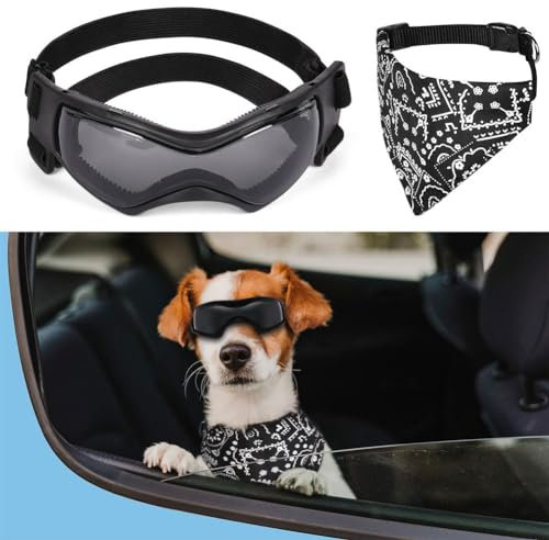 Adiwo Hundebrille,Wasserdicht Hundeschutzbrille mit Hundehalstuch Anti-UV Schutz Hunde Sonnenbrille mit Einstellbar Gummiband Winddichte Schutzbrille Motorradbrille für Kleine Mittelgroße Hunde -S