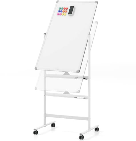 COSTWAY Dubbelsidig mobil whiteboard, 60 x 100 cm, höjdjusterbar magnetisk whiteboard med rullar, stativ och pennhylla, inkl. tillbehör för skola, kontor, hem (vit), CB10564DE