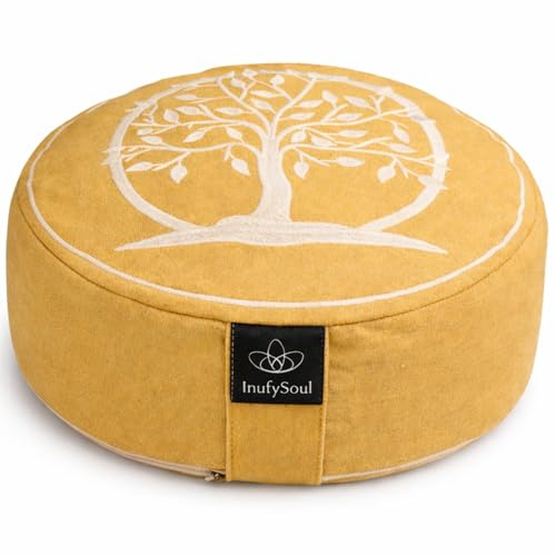 InufySoul® Cuscino da Meditazione Ergonomico – Riempimento Naturale in Grano Saraceno – Altezza Regolabile – Supporto per Postura Corretta (Marrone chiaro)