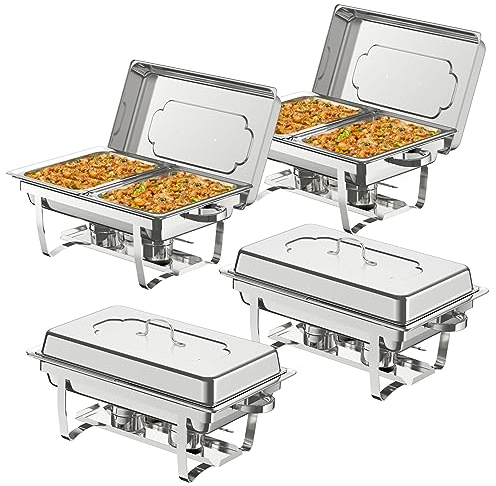 9L Chafing Dish Buffet Set,4 Pack Buffet Servers Catering Heat Container Set, Stainless Steel with Half Size Food Containers, Foldable Frames Food Warmer Set for Catering, Buffet, Wedding Parties