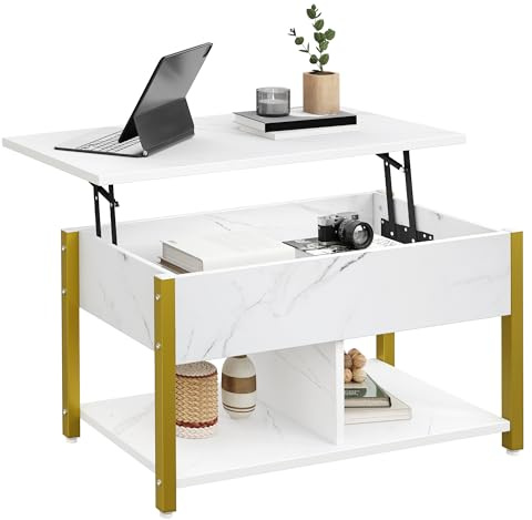 YITAHOME Couchtisch mit Anhebbarer Platte, Leicht Anzuheben, 2-Stufiger Stauraum, Höhenverstellbarer Couchtisch mit Verstecktem Staufach und Ablagefläche für Wohnzimmer, Büro, Weißer Marmor