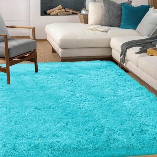 HOKXUAN Teppich Wohnzimmer Waschbar 120 x 140 cm Kurzflor,Anti-Rutsch Rückseite Teppich Wohnzimmer Schlafzimmer Teppiche Modernes Einfarbiges Design für Schlafzimmer Kinderzimmer, Himmelblau