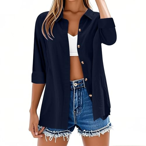 Camisetas de manga larga para mujer, estilo casual, botones, algodón y lino, color liso, camisetas de verano, cuello en V, con mangas enrolladas, blusas sueltas y de gran tamaño, ligeras, elegantes