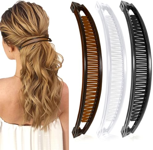 Lot de 3 Pinces à Cheveux Banane, Pince Banane Cheveux Femme, Pinces Banane Français, Accessoire de Cheveux pour Femmes et Filles (noir, blanc, marron)