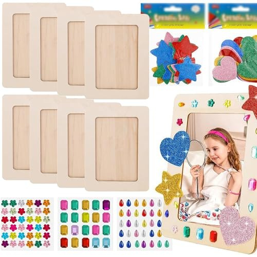 MINGZE Kit de peinture pour cadre photo, 8 cadres photo en bois avec 3 types de pierres pailletées et autocollants en mousse 3D en forme d'étoile pour cadeau de fête des pères, travaux manuels pour