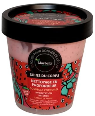 Gommage corporel exfoliant à la fraise - soin naturel du corps - Hydratant & adoucissant - Doux pour tout type de peaux - Parfum agréable - Corps et visage - Scrub - nettoie et exfolie - 220ml