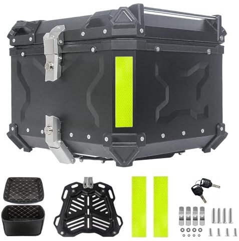 YJYAJIE Top Case Moto 55L Universel Alu avec Dossier – Étanchéité IP68, Coffre Arrière Sécurisé Antivol, INCL. Plaque de Montage pour la Plupart des Motos & Scooters (Noir)