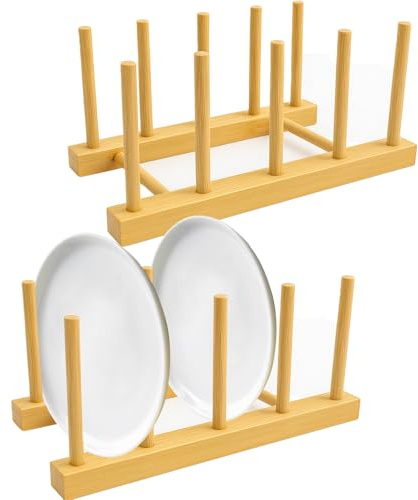 kaiyaya 2 Piezas Soporte para Platos, Organizador Plato de Bambú Scurreplatos de Madera, Estante de Goteo, Soporte de Plato para Platos, Tazas, CD, Copa de Vino, Reservar