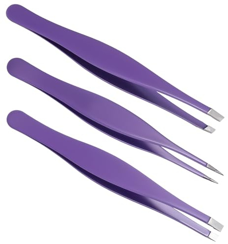 3Pcs Stainless Steel Pointy Tweezers Set, Needle Nose Tweezer for Ingrown Hair and Splinter Removal, Fine Point Tweezers for Precision Eyebrow Grooming(Purple)