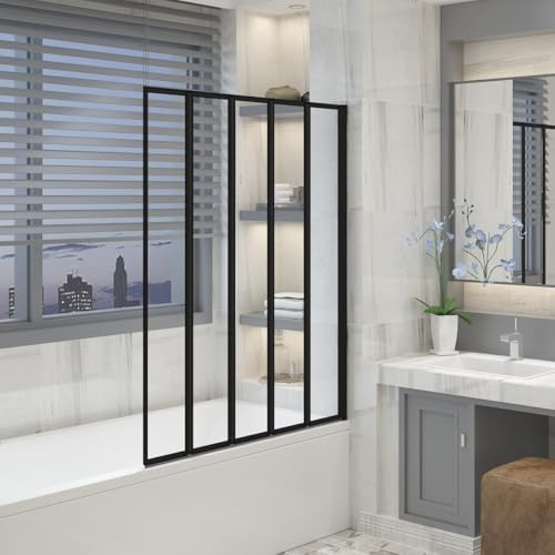 Aquariss 1200x1400mm Black Over Bath Shower Screen 5 Panel Folding Hinged Door Glass Panel Toughened Safety Glass Pivot