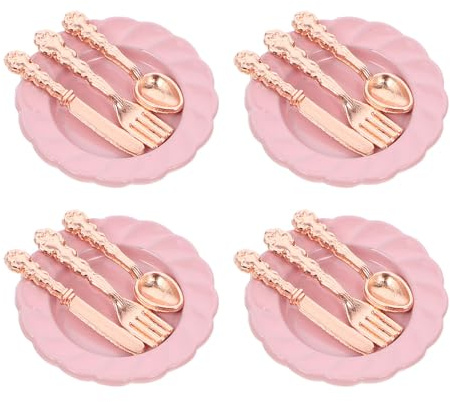 GARVALON Set Mini Stoviglie per Casa delle Bambole 4 Piatti Rosa 12 Posate in Miniatura Accessori Decorativi per Cucina Giocattolo e Modellini di Scena