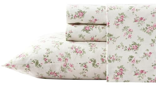 Laura Ashley - Flannel Sheets Queen Size, Anti-Pilling & Wrinkle Resistant Cotton, Touchably Soft for All-Season Comfort - Bed Sheets with Matching Pillowcases & Fitted Sheet (Audrey Pink)