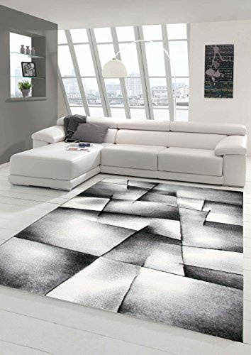 Teppich-Traum Designer-Teppich für modernen Wohnzimmer Kurzflor Konturenschnitt Karo-Muster Grau Schwarz Weiss 80x150 cm