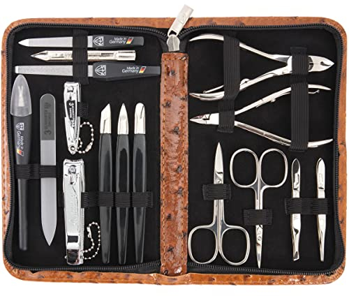 DREI SCHWERTER - 16-tlg. Maniküre-Pediküre-Set 'Cinisello' | Hochwertiges Nageletui aus Kunstleder zur Hand- & Fußpflege. Farbe: Cognac | Inhalt: Nagelschere, Nagelknipser, Pinzette & vieles mehr!