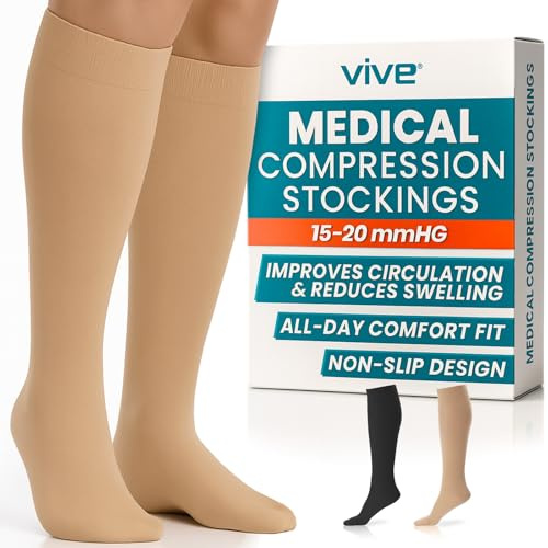 Vive Knee High Compression Socks for Women & Men – 15-20mmHg Medical Support Stockings for Varicose Veins, Swelling, Soreness & Airplane Travel – Breathable TED Hose for Legs & Feet, Pregnancy (Beige)