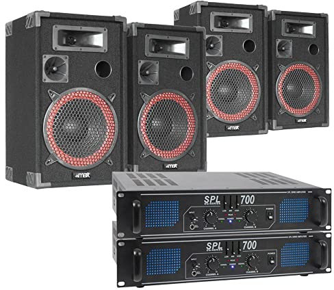XEN3510 Sistema de Sonido 1400W – 4 Altavoces + 2 Amplificadores 700W – Incluye Cables – Conexión para Móvil PC Mezclador MP3 – Ideal para Fiestas Eventos Locales y Ensayos